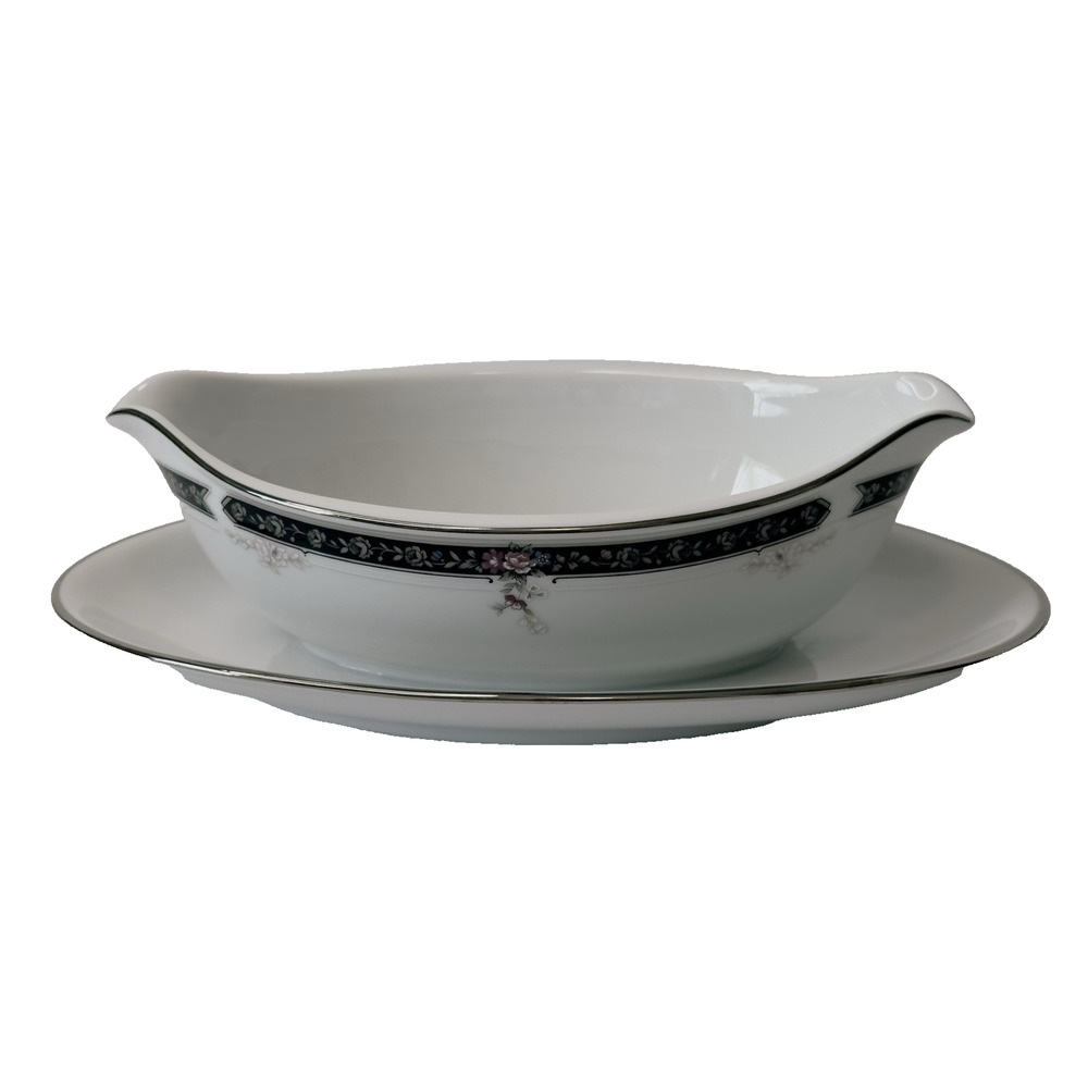 Royal Prestige Midnight Mood Gravy Boat w/Attached Underplate Black band, Flower